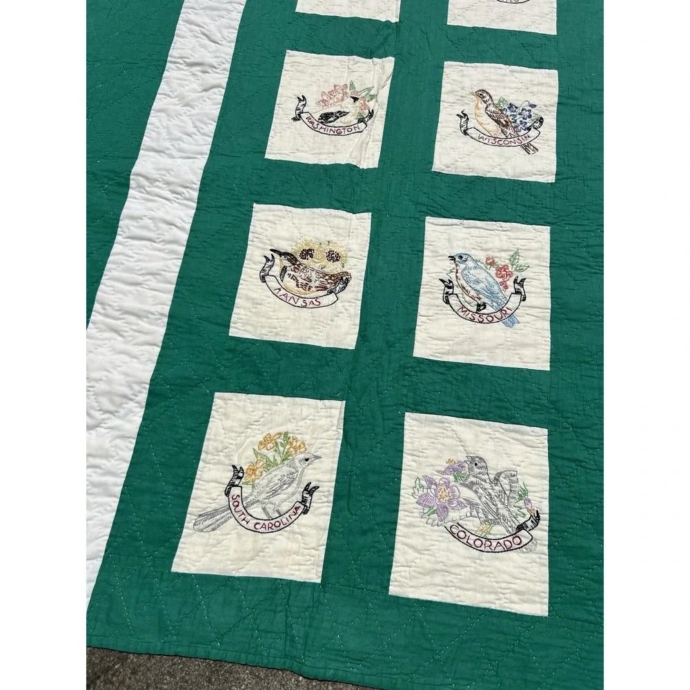 Vintage Heirloom 48 State Bird Fully Hand Stitched And Embroidered Quilt 81x88